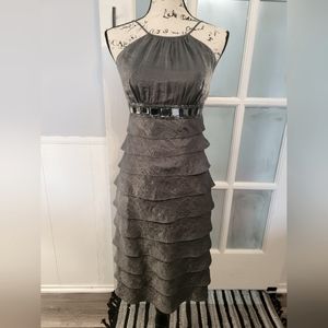 Adrianna Papell Silver Metallic Rhinestone Belted Tiered Ruffle Cocktail Dress